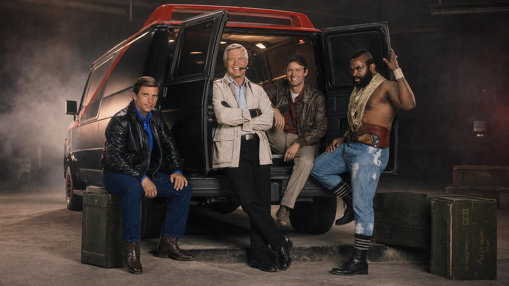 Hannibal, Face, Murdock und B.A. am geöffneten A-Team-Van