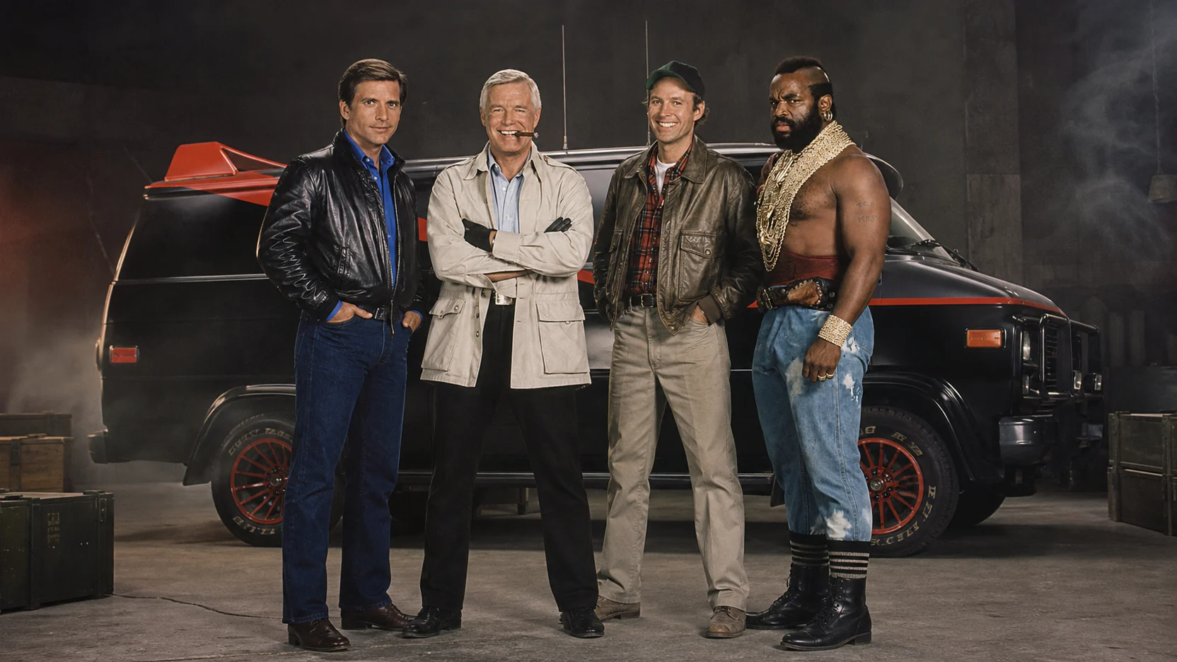 Hannibal, Face, Murdock und B.A. vor dem geschlossenen A-Team-Van